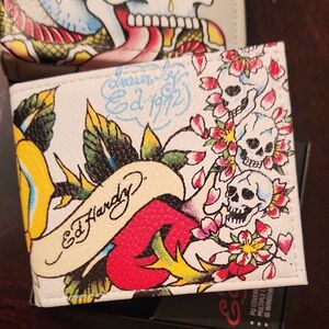 Ed Hardy White Bifold Wallet with Red, Yellow and Pink Tattoo Design